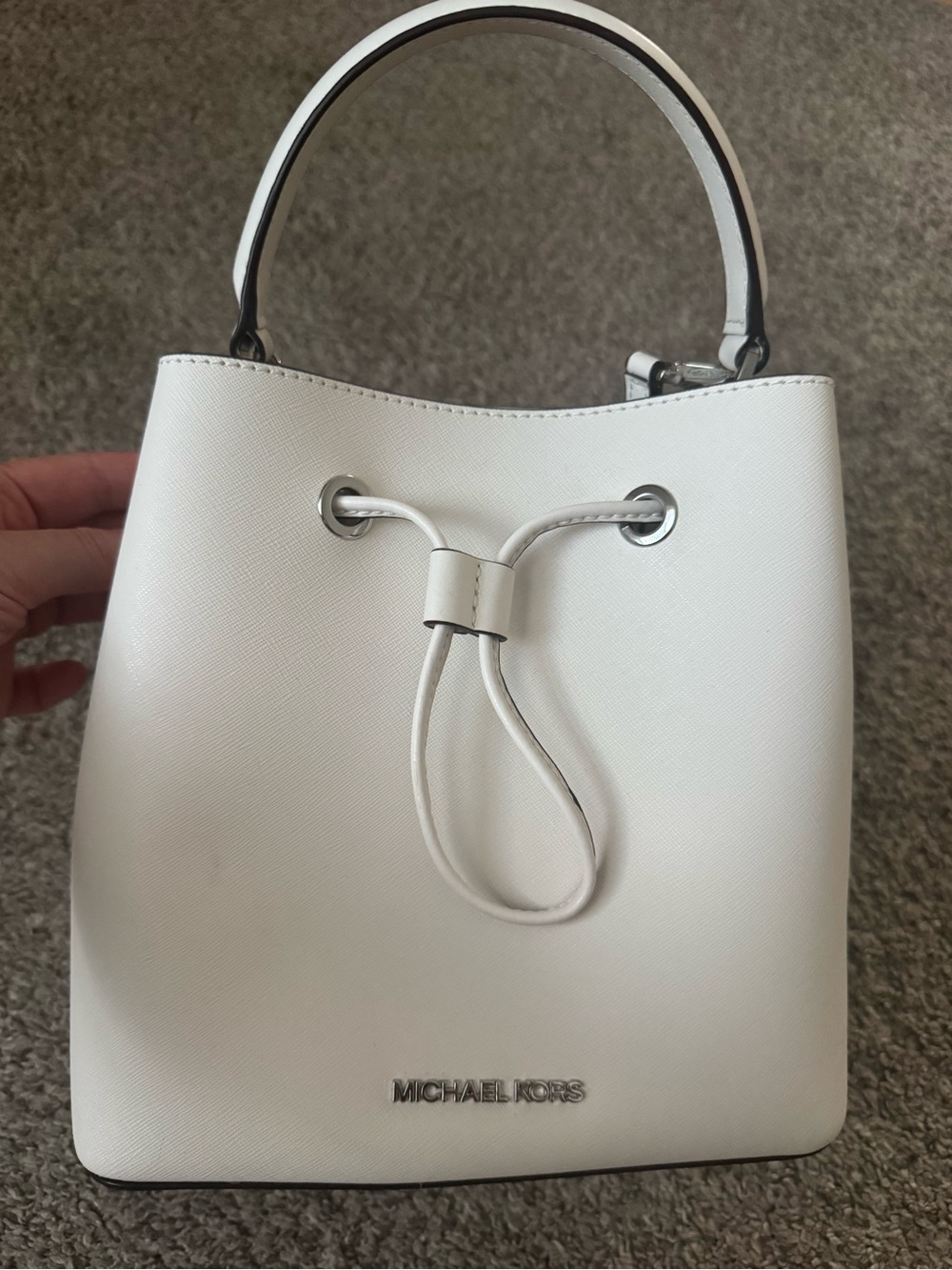 Michael Kors White Saffiano Leather Drawstring Top-Handle Bucket Bag